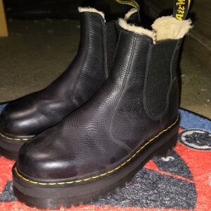 Dr. Martens Black Leather Platform Chelsea Boots with Shearling Trim